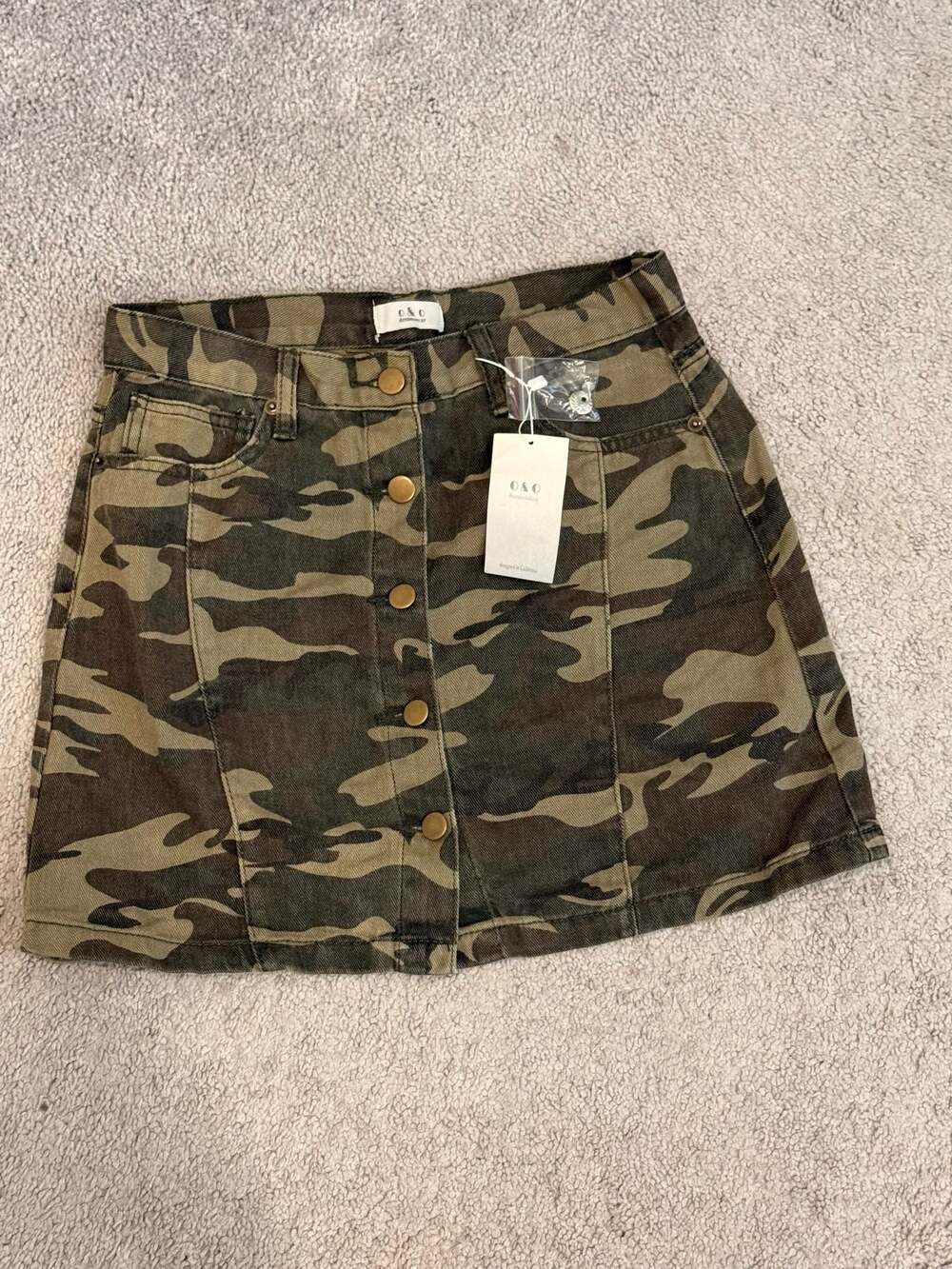 O&O Denimwear Button-Front Camouflage Cotton Mini Skirt